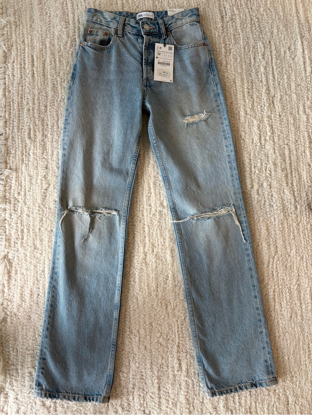 Zara Light Blue Straight Leg Ripped Jeans